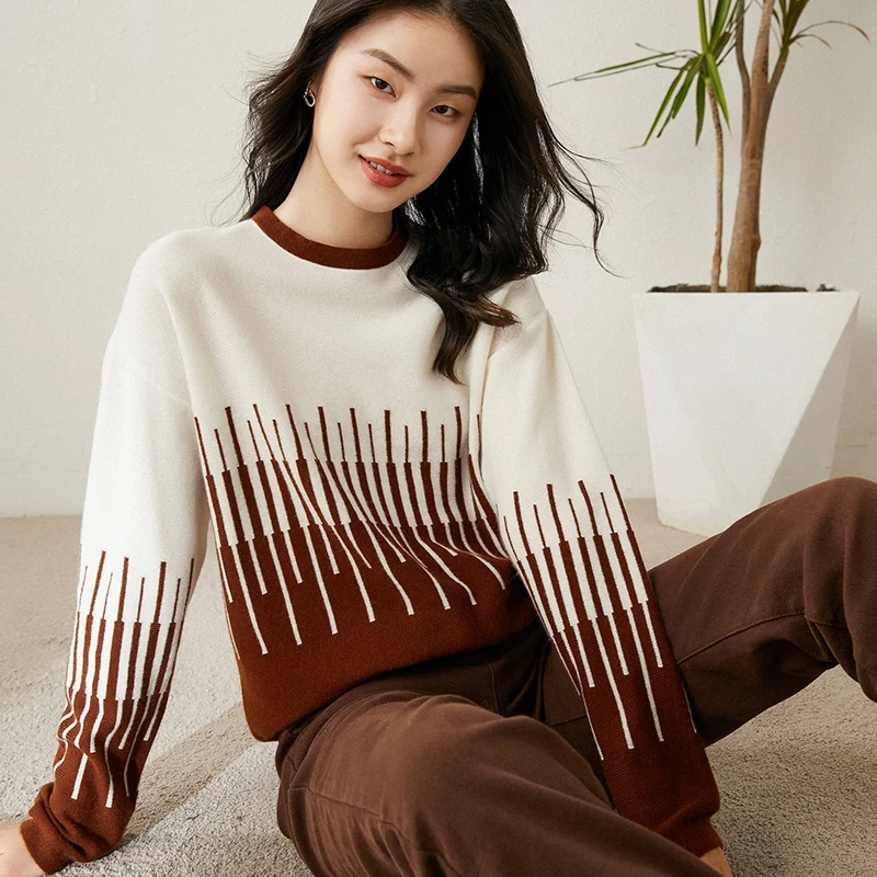 

Spring New Cashmere Sweater Ladies O-Neck Pullover Casual Knitted Color Matching Tops 100% Pure Wool Knitted Bottoming Shirt