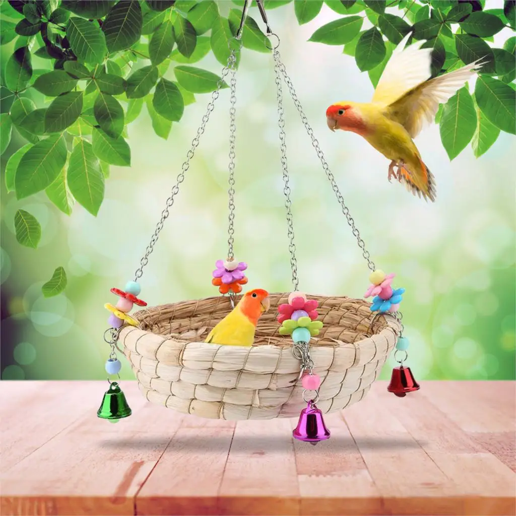 Попугай окунь с колокольчиком птица игрушка соломенная висячая корзина клетка