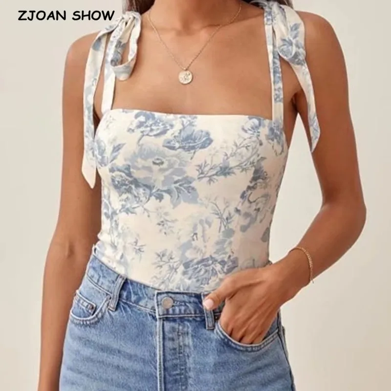 

2021 Adjust Bow Strap Blue White Floral Print Camis Women Summer Ruched Short Tank Tops Retro Cool Girl Sexy Slim Crop Top Tees