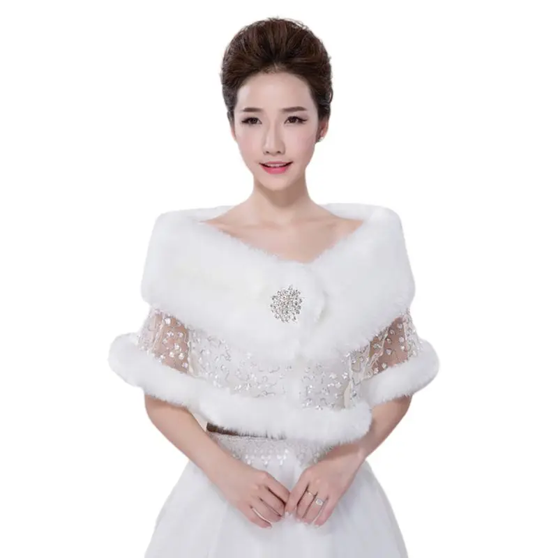 

Bride Wedding Shawl Autumn Winter Plush Lace Rhinestone Shawls Cape Scarf