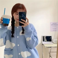 spring autumn korean version sweet blue sky white cloud tracksuit womens sweaters loose round neck student sweater jacket