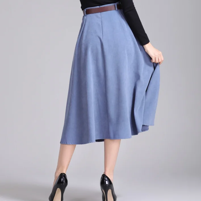 Женская замшевая юбка средней длины длинная винтажная на пуговицах с поясом и