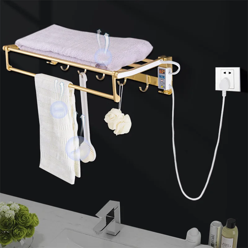 

Gold Black Foldable Intelligent Electric Towel Warmer Rack Carbon Fibre Heated Dryer Wall Mounted Bathroom Accessories Robe Hook