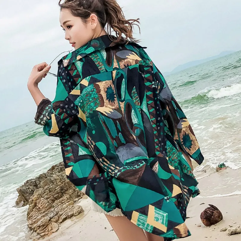 

Vintage Women Cartoon Print Lapel Shirt Loose Single-breasted Long Sleeve Sun Protection Blouse