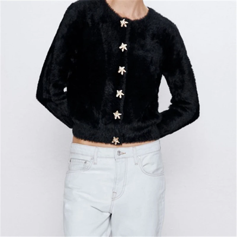 Черный кардиган пушистый свитер Женский вязаный уличная одежда длинный рукав