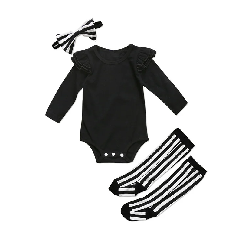 

3Pcs Baby Girl Clothes Set Cute Black Bodysuit + Stripe Long Socks + Headband Newborn Baby Girls Clothing Outfits