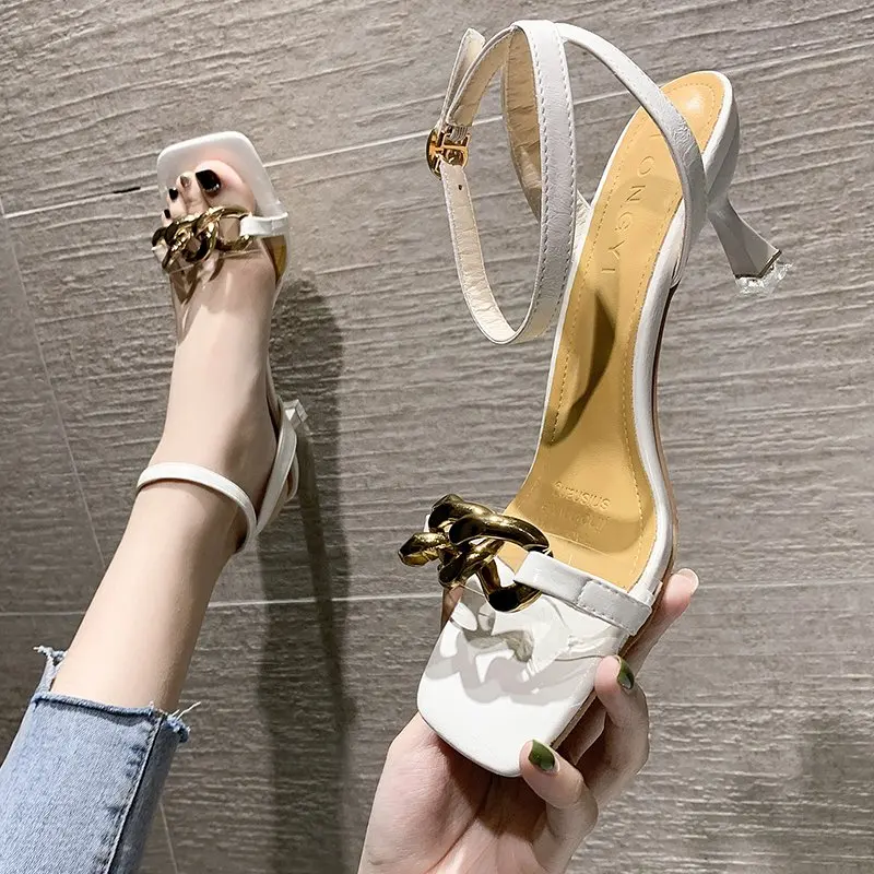 

Metal Chain Rome High Heels Women's Sandals Peep Toe Hollow Instep Strap Sandals Gladiator Sexy Women Shoes Zapatos Para Mujer