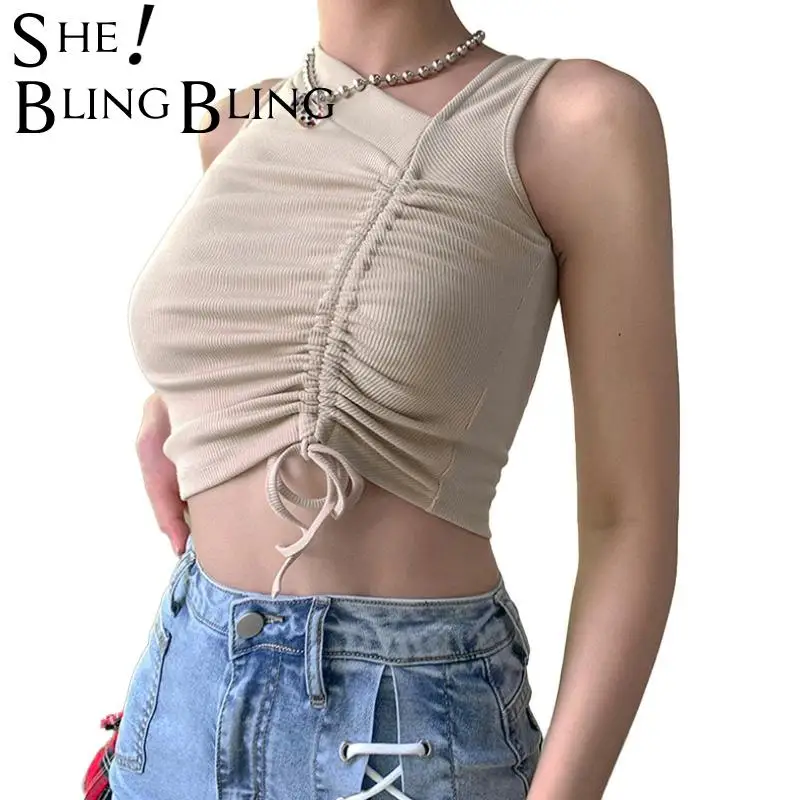 SheBling в рубчик без рукавов на лето Для женщин топы с бретельками и асимметричным