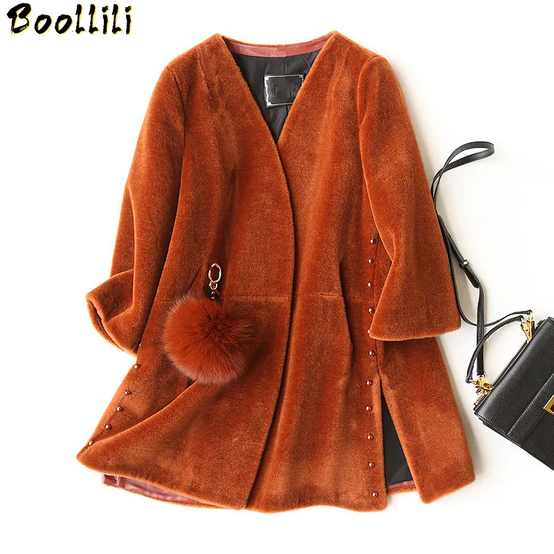 2023 Fashion Boollili Genuine Sheep Shearing Fur Coat Female Winter Jackets For Women Fox Fur Ball Real Fur Coats bontjas