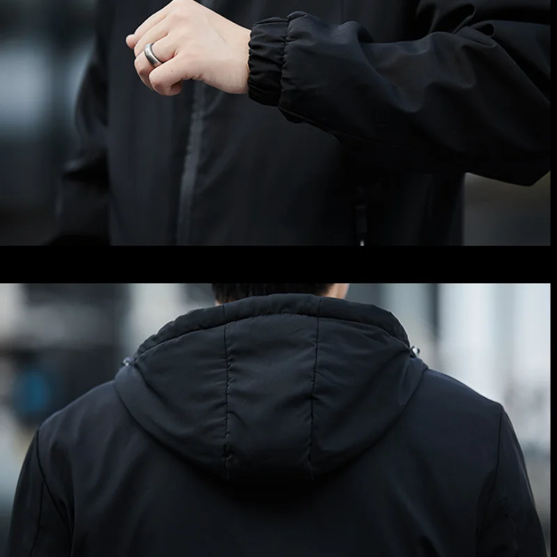 

New autumn and winter casual windbreaker men's jacket plus fleece hooded men's simple black windproof warm jacket