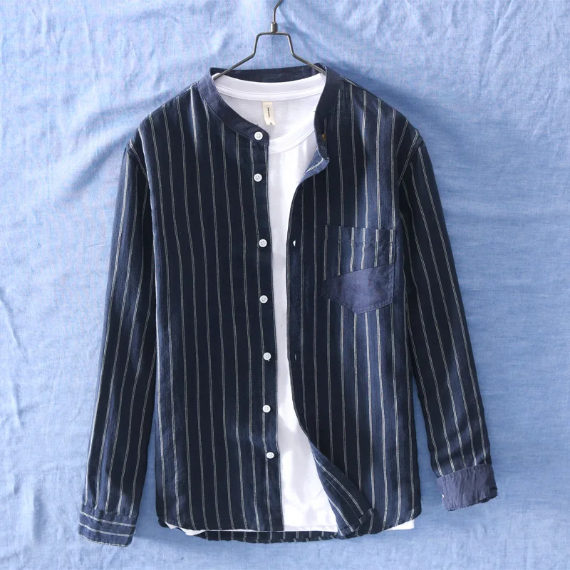 

2021 men's long sleeve striped with pocket summer linen cotton shirt for men literary style casual shirts male white blue