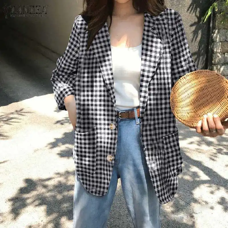 

Женский блейзер в клетку, с отворотами и длинными рукавами