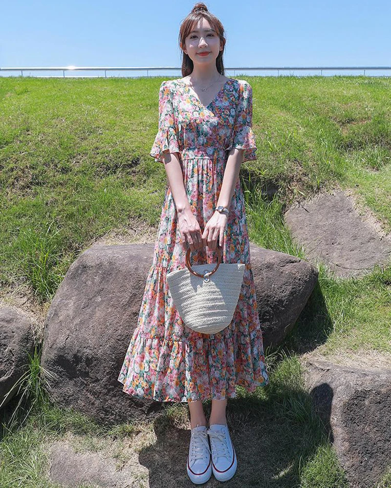 

Small Floral Chiffon Dress Horn Summer 2021 New Long Skirt Was Thin, Goddess Fan Fairy Dress