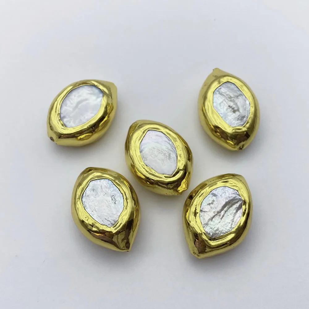 5 Pcs Oval Shape Coin Keshi Pearl 24K Gold Plated Edge Beads For DIY Jewelry Findings
