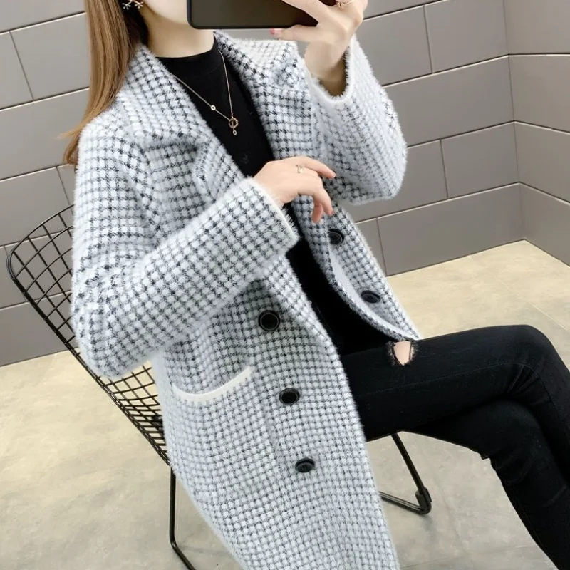 Женский Длинный мохеровый кардиган в клетку осенняя вязаная куртка из меха норки