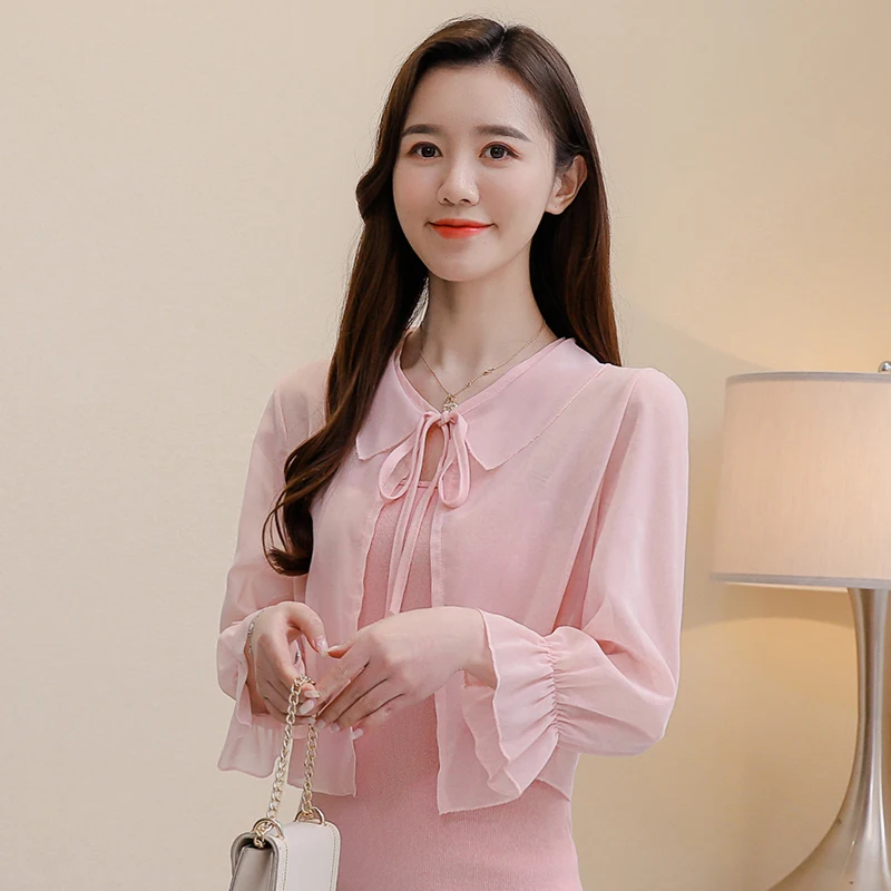 Повседневный Кардиган шифоновая рубашка с бантом и Расклешенным рукавом блузка