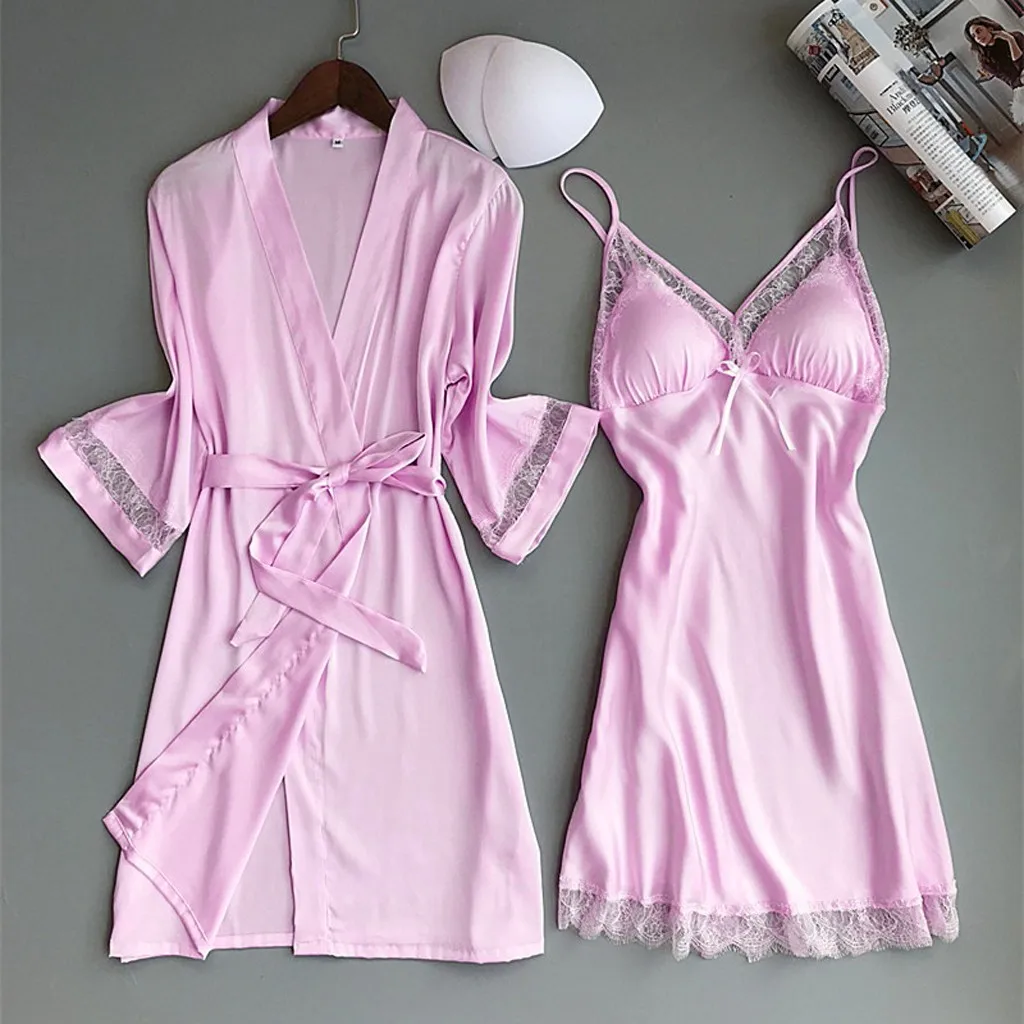 

New Satin Silk Pajamas Sexy Women Robe Suit Loose Satin Nightdress Kimono Bathrobe Gown Sleepwear Intimate Lingerie Nighties
