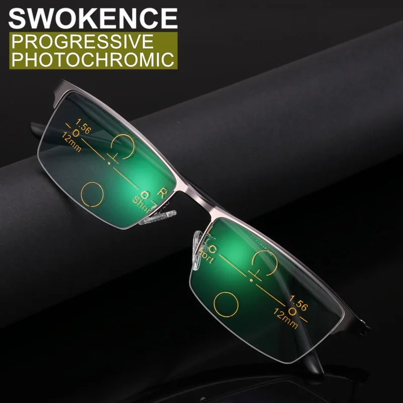 

Очки для чтения SWOKENCE R017 для мужчин и женщин, фотохромные прогрессивные пресбиопические, двойное применение, полуметаллическая оправа