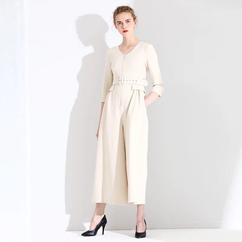 2019 Autumn new arrival jumpsuit female slim temperament professional pants design sense beige long jumpsuit women 3T19639