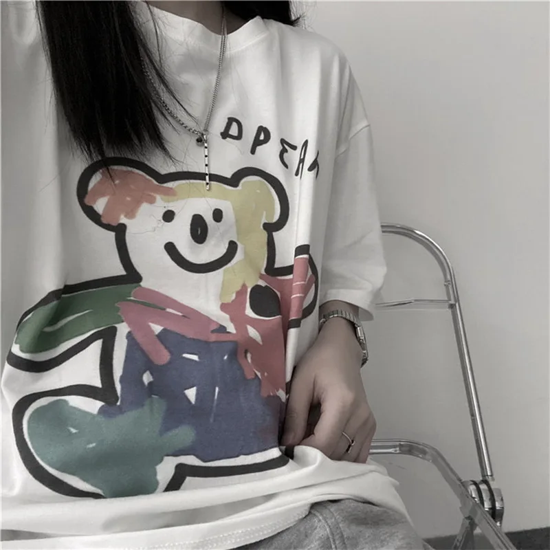 

QRWR Women's T Shirt 2021 Summer Korean Fashion Casual O Neck T Shirts Top Cartoon Bear Print Loose Short Sleeves T Shirt