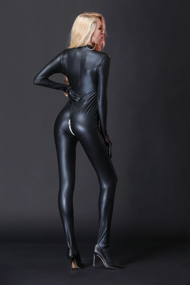 

Sexy Women Backless Zipper Crotch Stretch Bodysuits Black Wet Look Faux Leather Motorcycle Jumpsuits Clubwear Costume