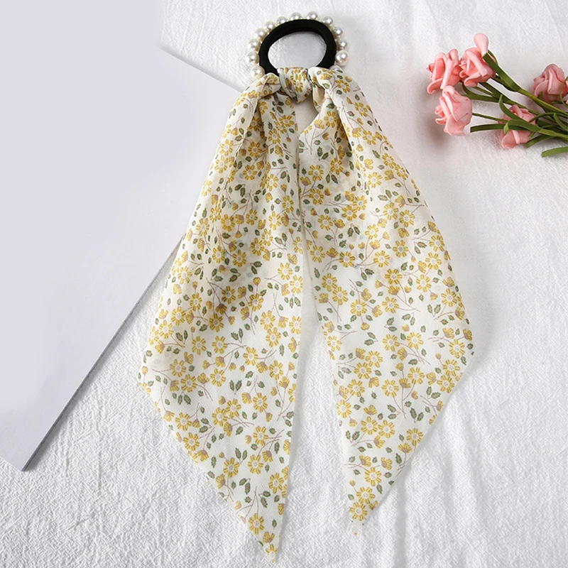 

Satin Elastic Hair Bands Fashion Pearl Bow Floral Print Scrunchie Hair Ribbon for Women Pearl Ribbon Hair Ropes Hair Accessories