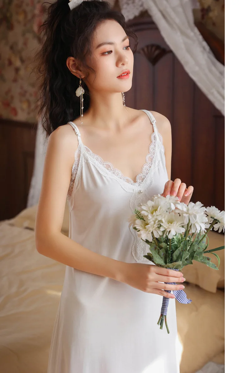 

2021 Women's Nightdress Spring and Summer Sexy Lace Sling Pajamas Fairy Princess Court Style Long Robes Two-Piece Set Homewear