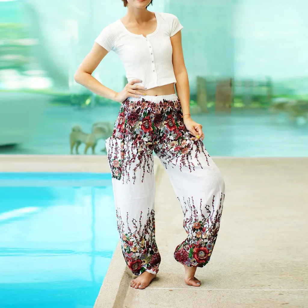 Шаровары для тренировок с цветочным принтом Пляжные штаны йоги эластичной