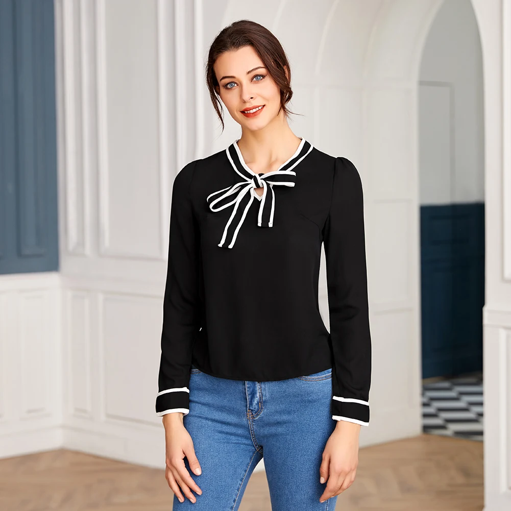 Bikitique блузка повседневная женская шифоновая рубашка черно белая контрастная