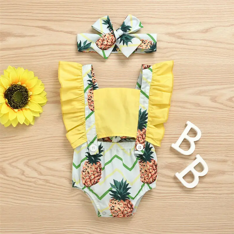 

AA 2Pcs Newborn Baby Girl Clothing Set Pineapple Clothes Ruffle Romper Bodysuit Summer Cotton Outfit Girls Clothes Kids Costume