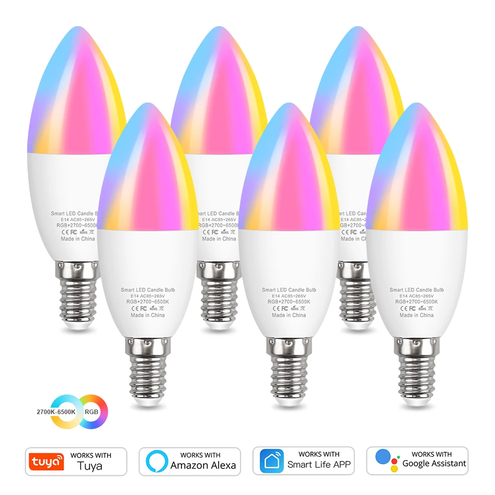 Tuya WiFi умный светильник лампочка E14 цветная (RGB) Светодиодная лампа работа с Alexa/Google