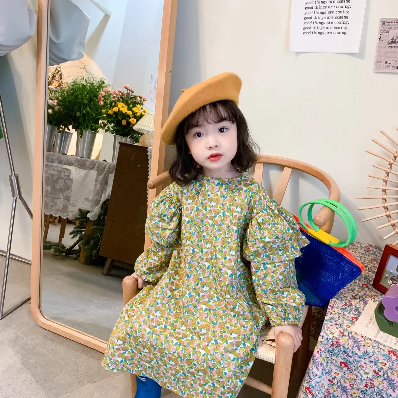 

Spring New Arrival girl's dress long sleeve flowers pattern loose princess girl's dress for cute sweet baby girls