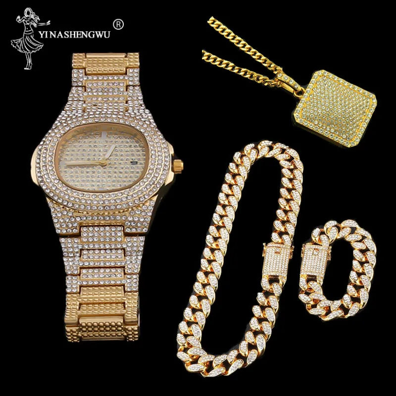 Роскошные золотистые мужские часы ожерелье кулон и браслет набор с украшением в