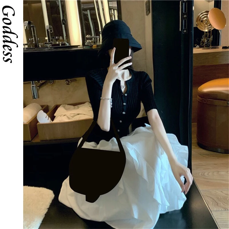 

Summer Dress Hepburn Style Light Cooked Style French Royal Sister Temperament Black Blouse Long Skirt Two-piece Dress Suit