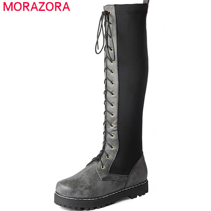 

Женские сапоги Стрейчевые MORAZORA, черные сапоги из искусственной кожи на толстой подошве, с круглым носком, большие размеры, лето 2021