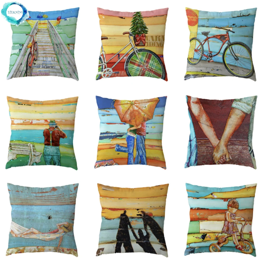 

Polyester Pillow Case Seascape Wind Coconut Tree Couple Beach Sunset Bike Print Cushion Cover Home Bedroom Sofa Decor 45X45CM