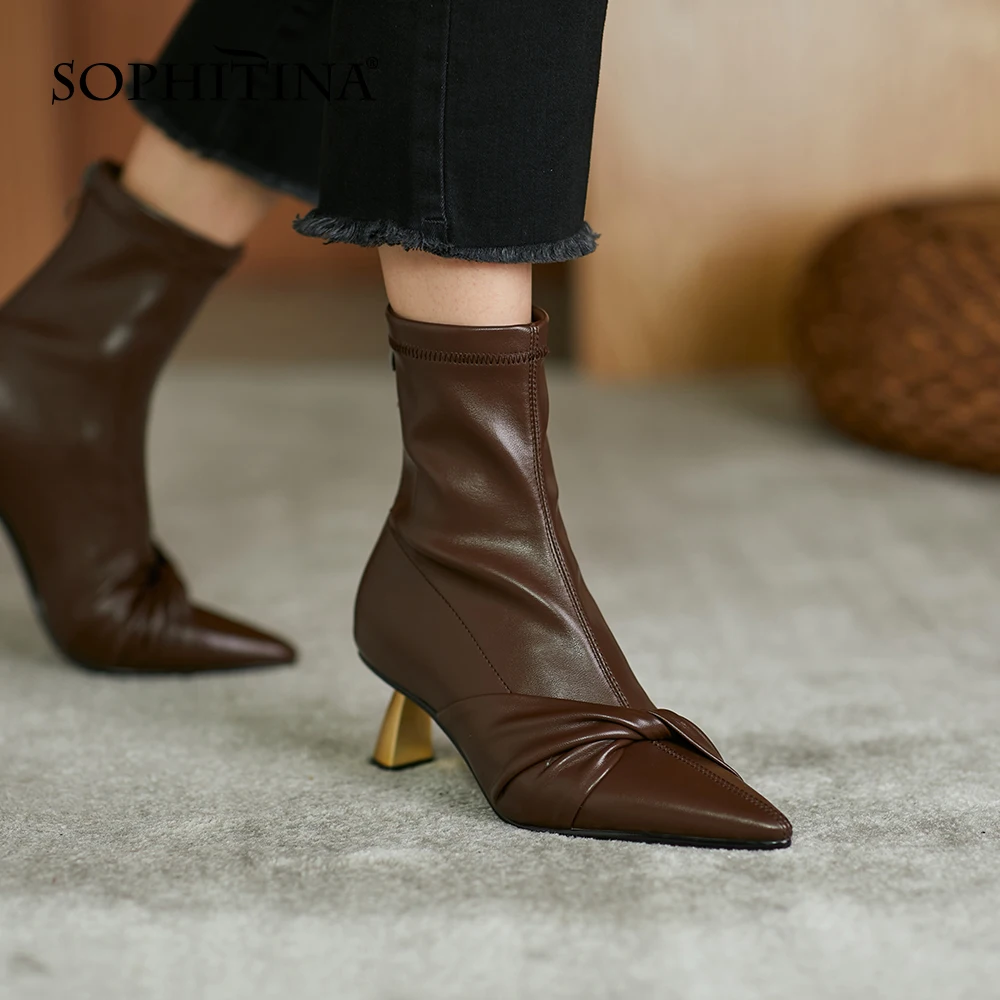 

SOPHITINA Women Ankle Boots Stretch Elegant Comfort Pointed Toe Boots Pleated Short Plush Commute Fashion Women Shoes YO303