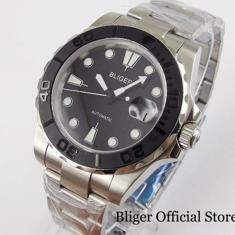 New Black BLIGER Mechancial Watch Men Wristwatch MIYOTA/MINGZHU Movement Brushed Bezel Insert Sapphire Glass Steel Band