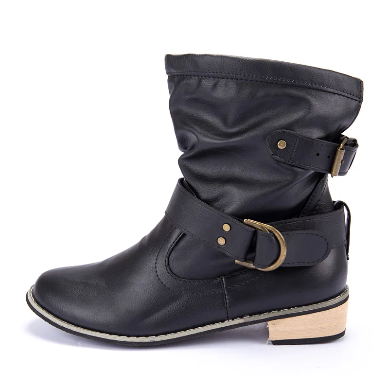 Женская обувь Сезон осень Однотонные ботинки в байкерском стиле с пряжкой на