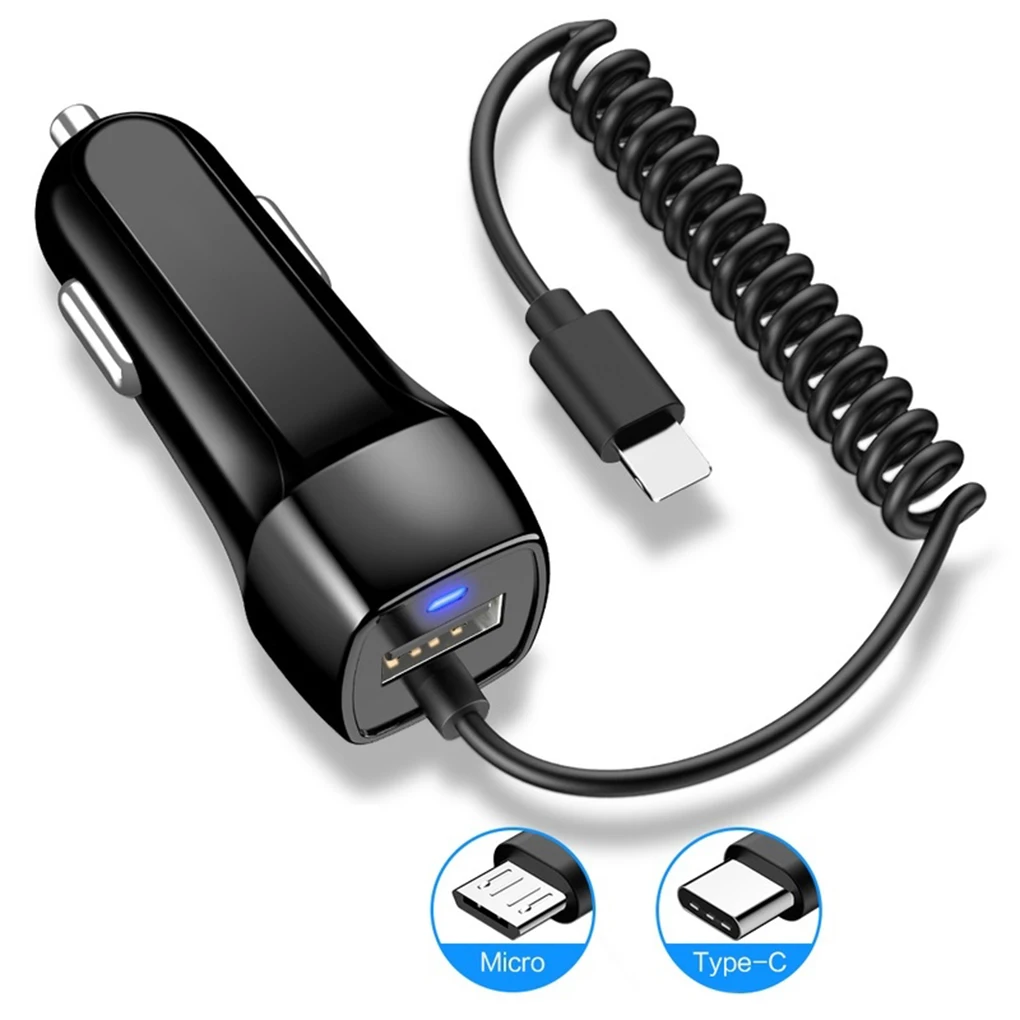 А (макс.) Автомобильное зарядное устройство USB с пружинным USB-кабелем
