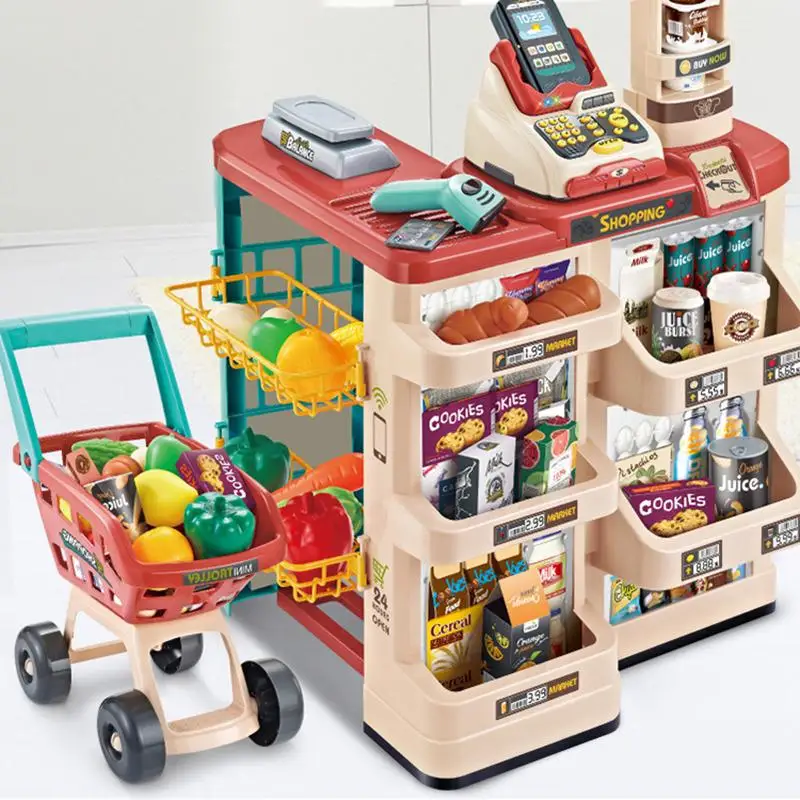 

Children's Simulation Supermarket Vending Counter Shopping Cart Combination Set Playhouse Supermarket Scan Cash Register Toy