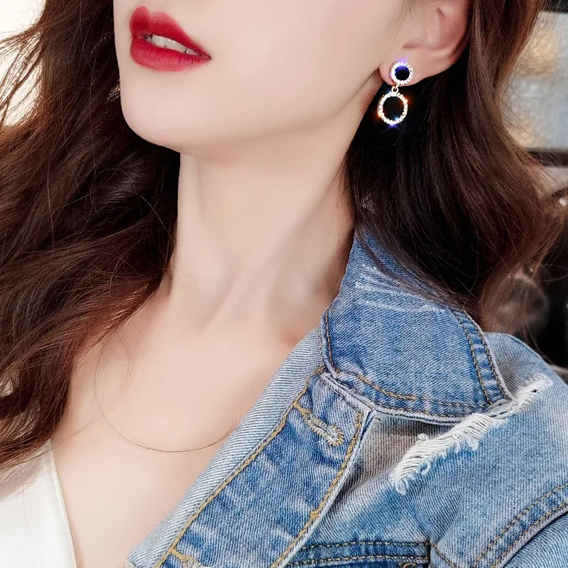 Earrings Black Round Square Star Pendant Geometric Women's Earrings Crystal Luxury Wedding Banquet Rhinestone Earrings