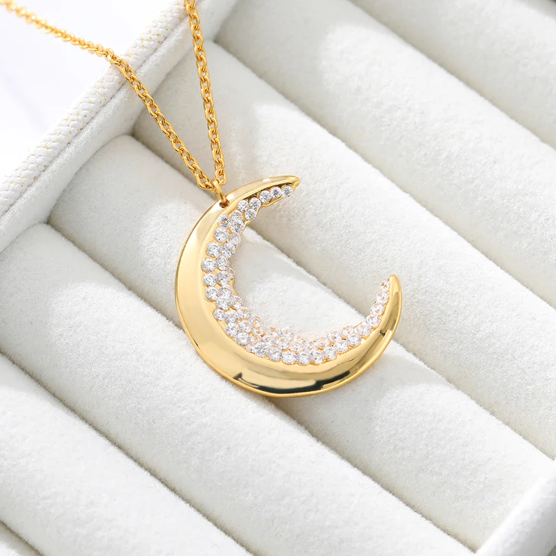 

Chic Crescent Moon Necklaces For Women Accessories Stainless Steel Chain Sparkling Zircon Pendants Choker Modern Female Jewelry