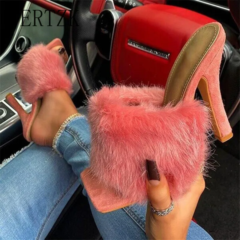 Женские мюли с мехом летние шлепанцы на высоком каблуке перьями и квадратным