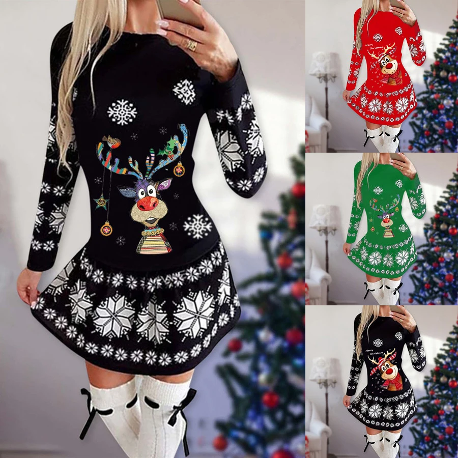 

Women's Long Sleeve Autumn Winter Dress Christmas Animal Print Party Dress 2021 New O-neck Casual Sexy Mini Vestido De Mujer
