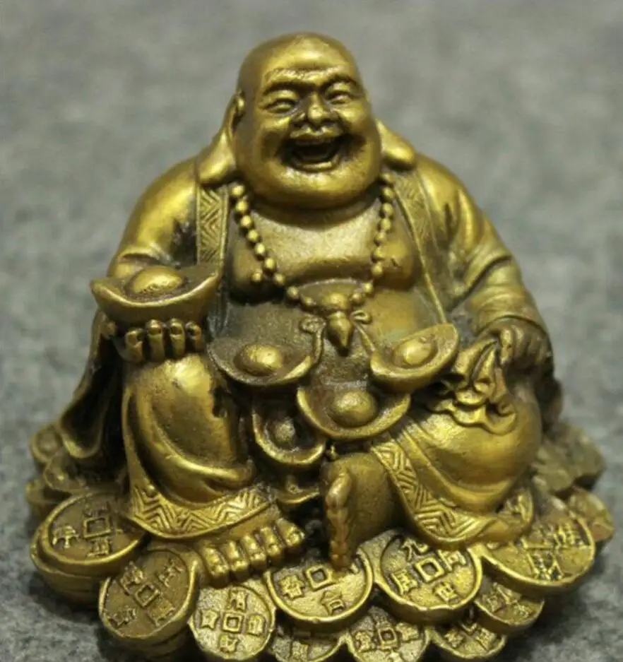 Медная Статуя китайская латунь Богатство YuanBao Moneybag счастливый Смеющийся Maitreya