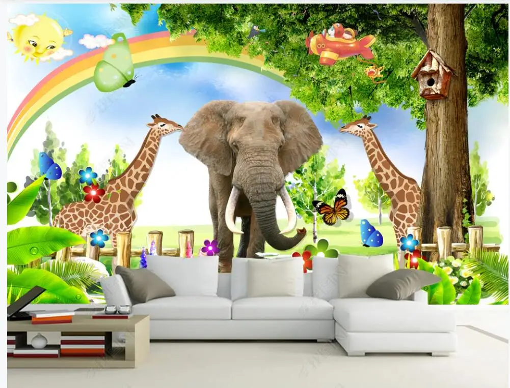 

Настенные 3D-обои на заказ, мультяшная трава, большое дерево, слон, жираф, украшение для детской комнаты, домашний декор, обои для стен 3 d