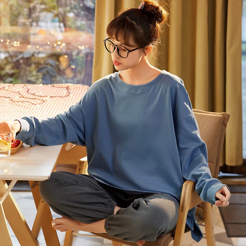 Женский хлопковый костюм с длинным рукавом милый комплект домашней одежды