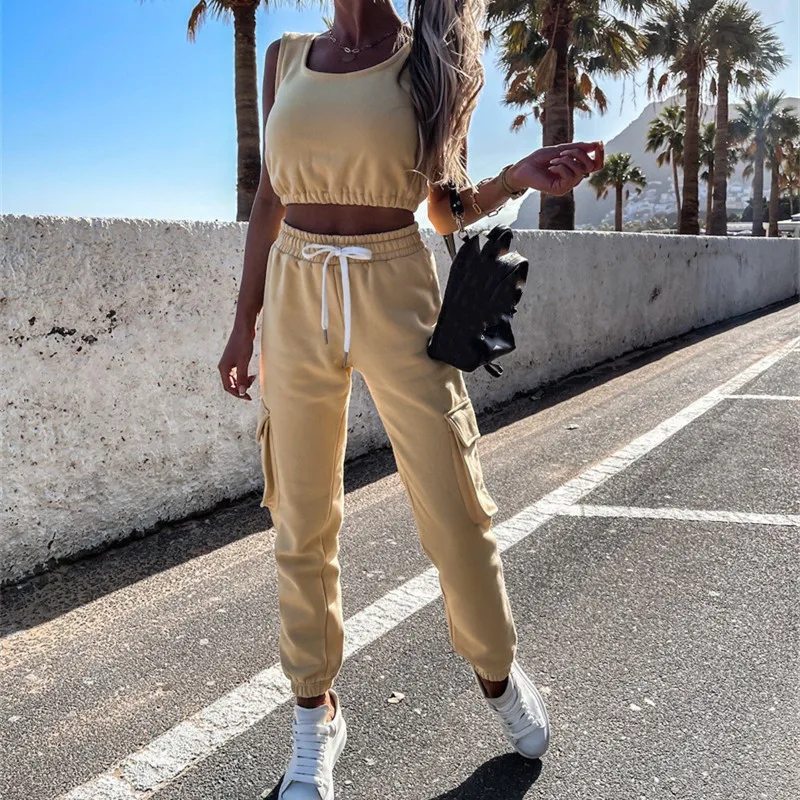 

Костюм женский летний из двух предметов, пикантный модный Свободный Повседневный свитер без бретелек и без рукавов, с прострочкой и брюки, к...