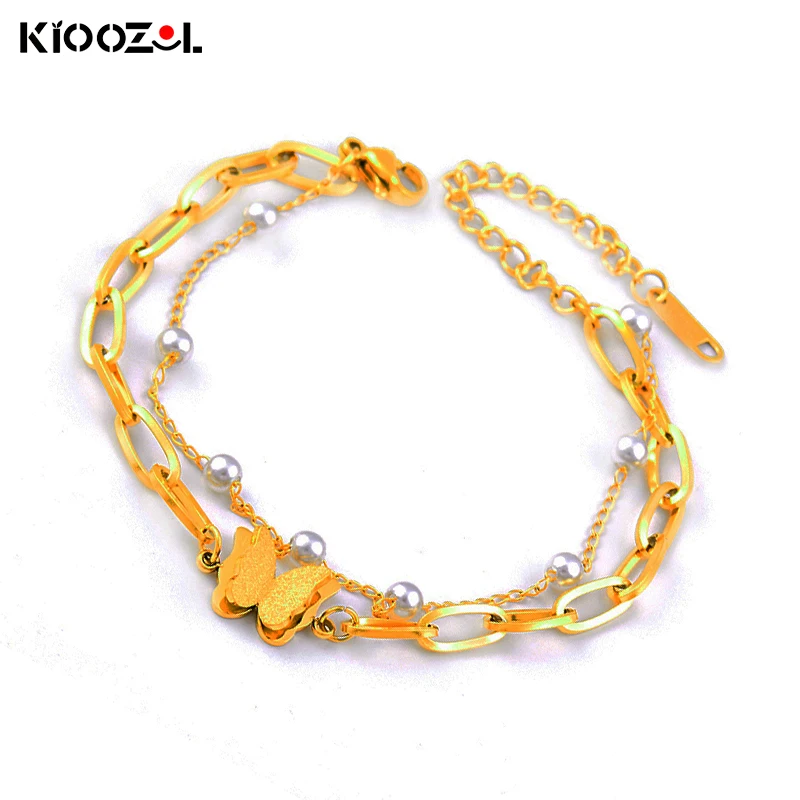 

KIOOZOL Butterfly Paperclip Pearl String Stainless Steel Double Layer Fashion Bracelet For Women Beach Party Hot Jewelry 135 KO2